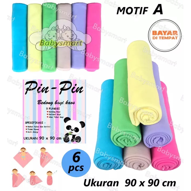 Babysmart - 6 Pcs Bedong Bayi Kaos PIN PIN Multi Colour Size 90 x 90 cm/Selimut Bayi/Alas bayi/Alas kereta/perlengkapan bayi