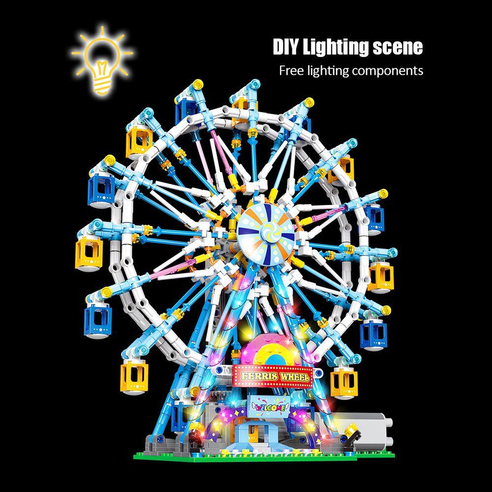 R-FLOWER 870pcs /set Ulang Tahun Ferris Wheel Berputar Dengan Lampu DIY Kreativitas Pembangun Teman Kota