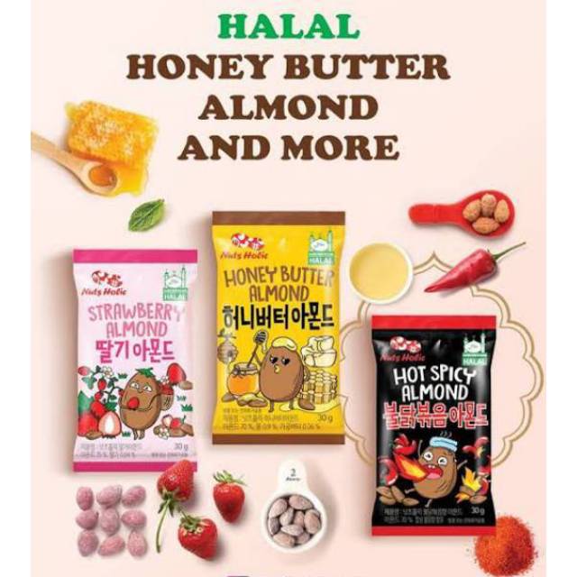 

Honey Butter Almond Nuts Holic / Hot Spicy Almond / Strawberry Almond 30gr EXP 2024