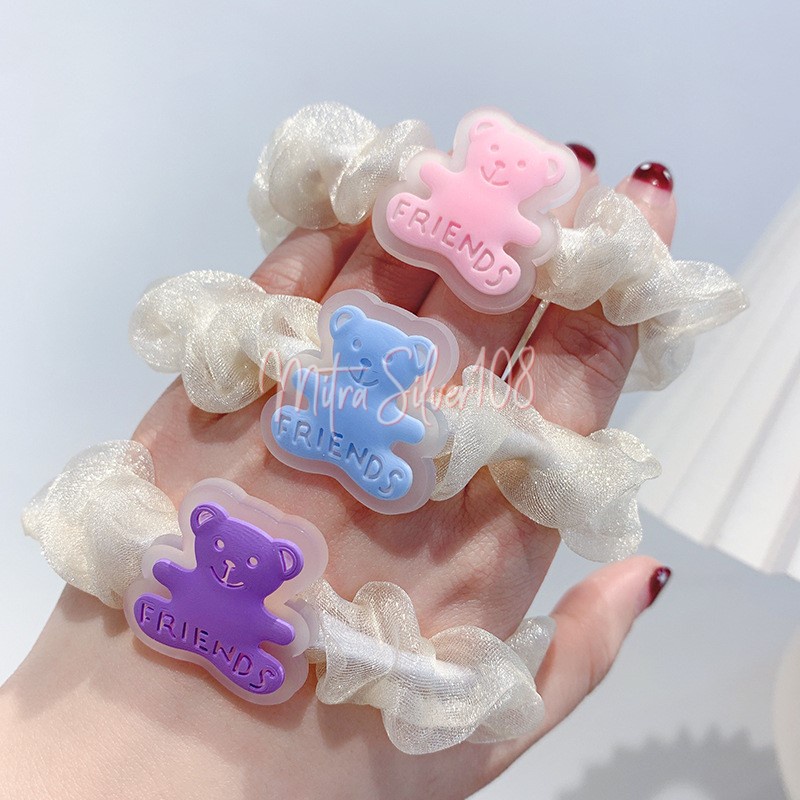 [MS108]  KCR 24 IKAT RAMBUT SCRUNCHIE KOREA MOTIF BERUANG / IKAT RAMBUT WANITA / KUNCIRAN RAMBUT TRANSPARAN