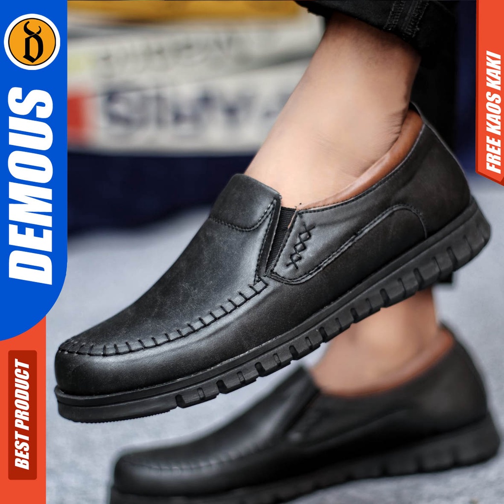 Sepatu Formal Casual Pria Slip On Kulit Pu Pantofel Kerja Kantor Hitam Demous Blena