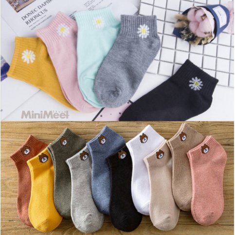 Kaos Kaki Bear Brown dan Daisy Pendek Mata Kaki Wanita Lucu Unik