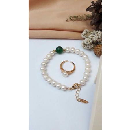 Mutiara Lombok Asli | Set cincin dan gelang mutiara air tawar kombinasi batu alam