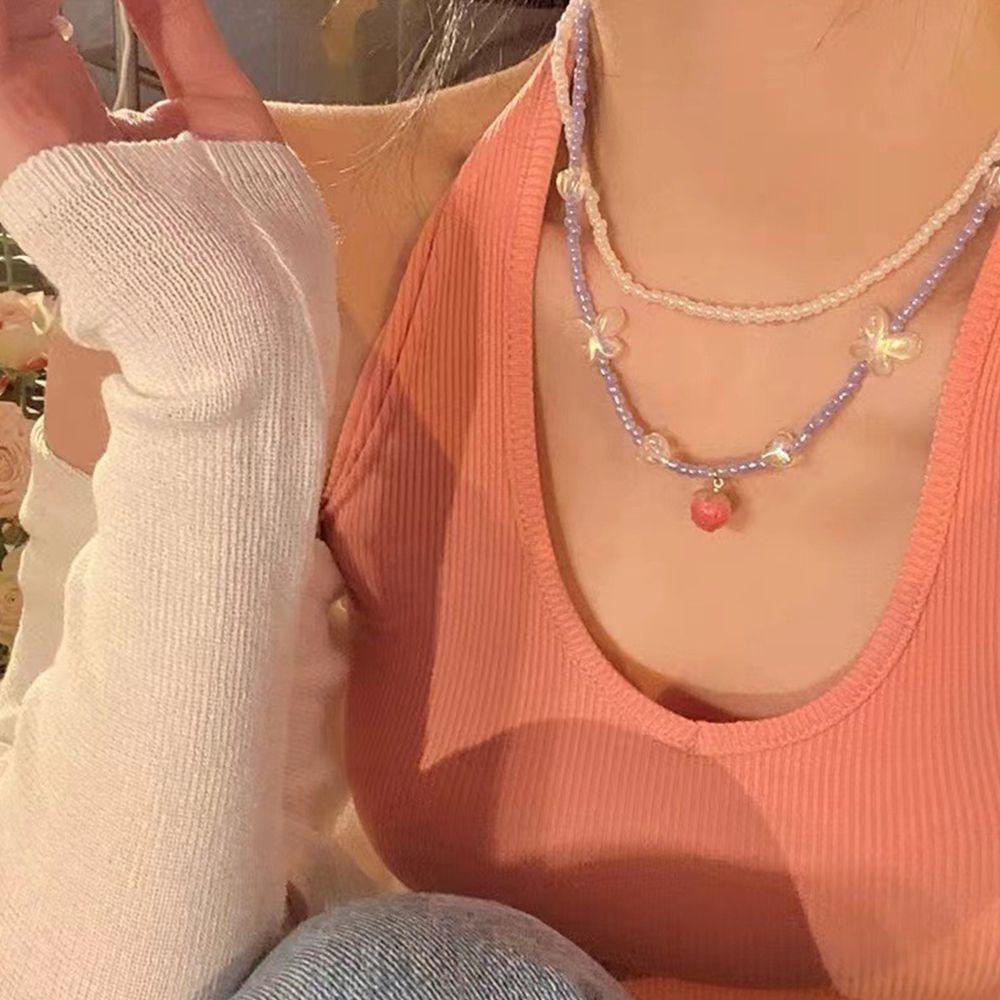 Mxbeauty Kalung Kupu-Kupu Kreatif Unik Rantai Klavikula Gadis Hadiah Cinta Hati Y2K Double Layer Kalung Korea