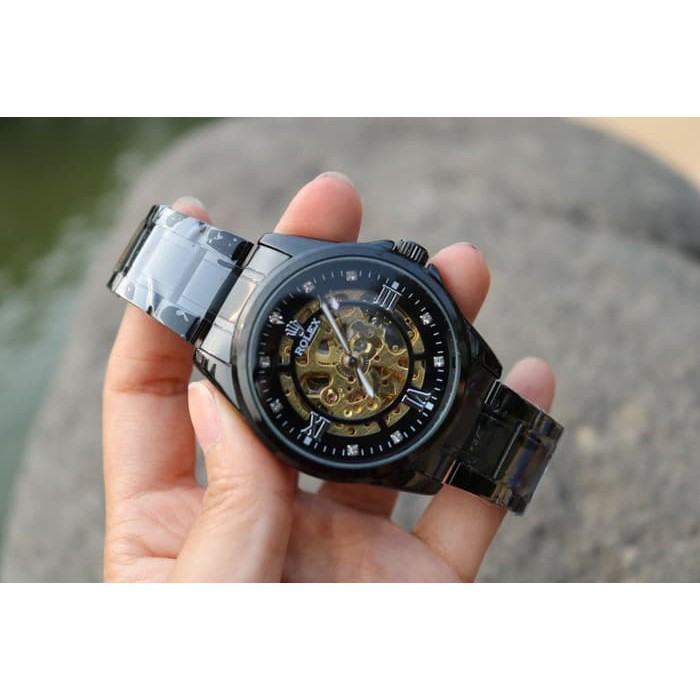 JAM TANGAN PRIA ROLEX AUTOMATIC SKELETON BESAR FULL BLACK(ANGKA ROMAWI
