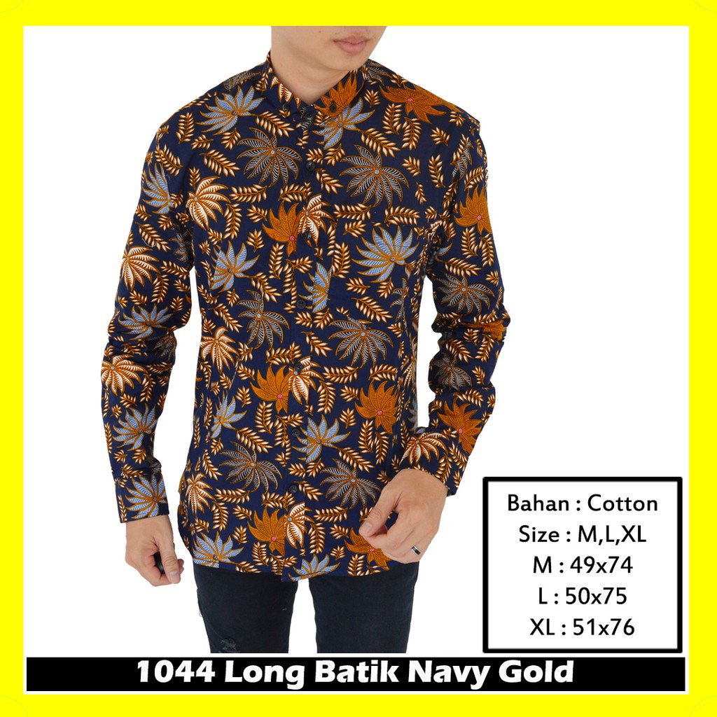 IFH 1044 Kemeja Batik Lengan Panjang Pria Keren Gold Navy Terlaris Terbaru