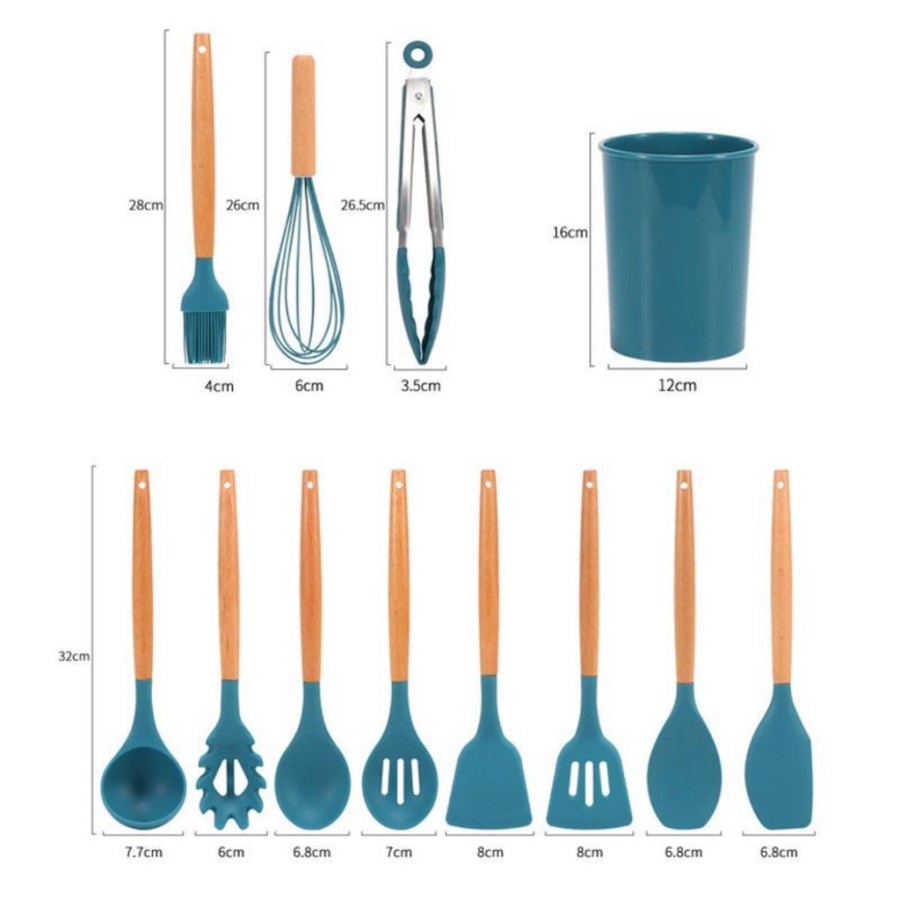 Sutil Silicon Utensil Kayu Isi 12 Pcs / Spatula Tahan Panas Set 12in1 / Alat Masak 12 in 1