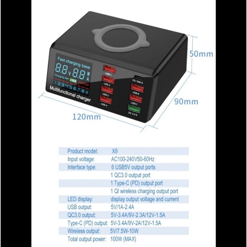 wireless charger digital display X9 100watt - smart fast charging 9in1