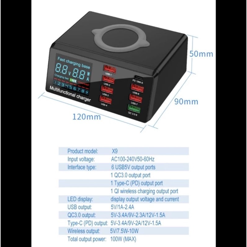 wireless charger digital display X9 100watt - smart fast charging 9in1