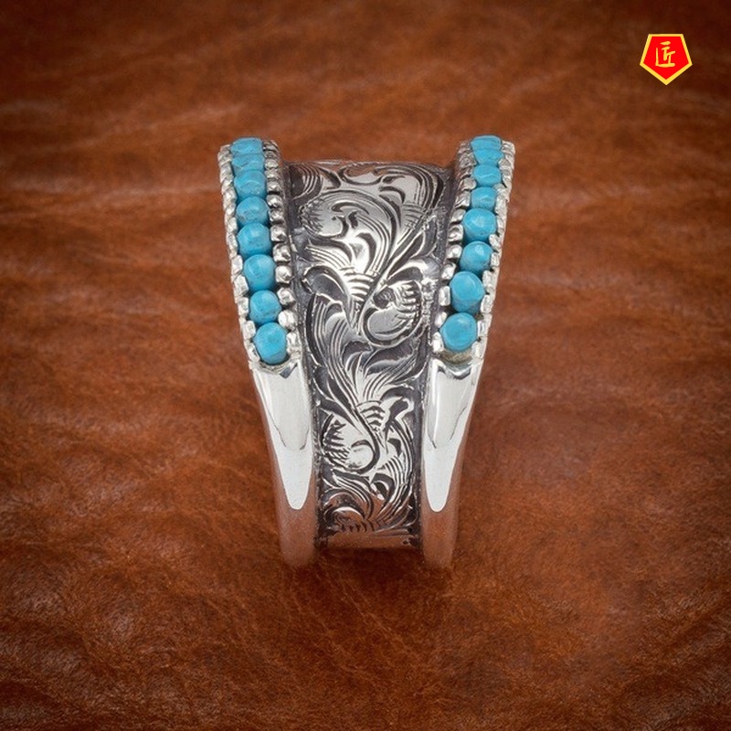 [Ready Stock]Simple Fashion Inlaid Turquoise Carved Ring