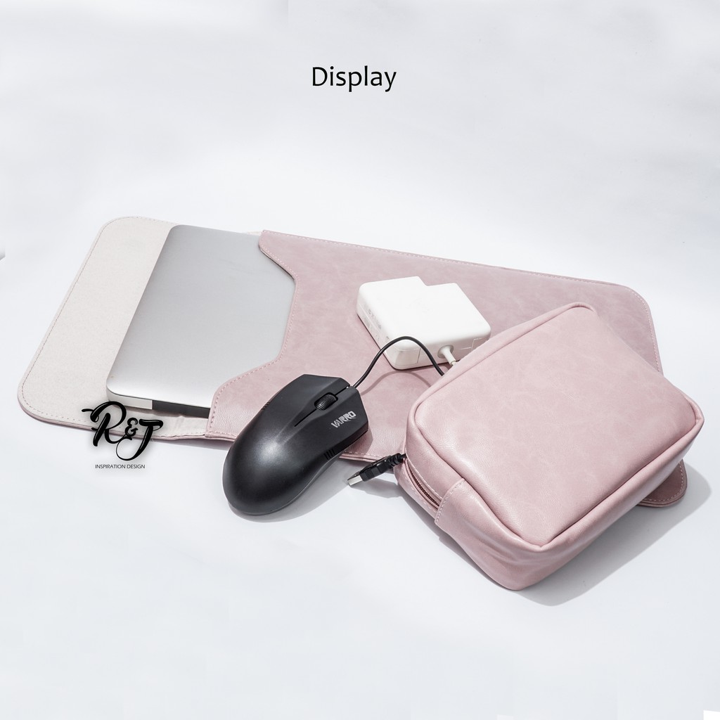 Tas Laptop 13 inch Leather include pouch Macbook Waterproof - Pink