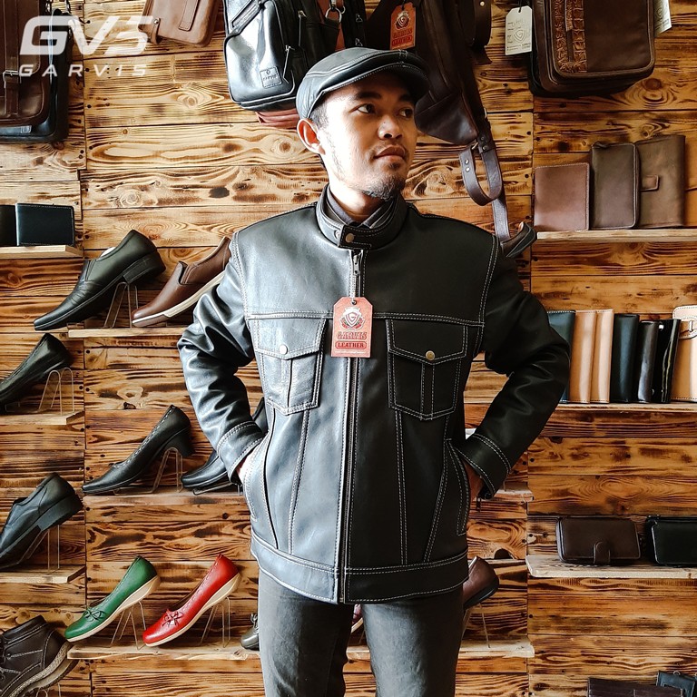 Jaket kulit Pria Garvis Klasik style warna hitam benang nylon kualitas terbaik