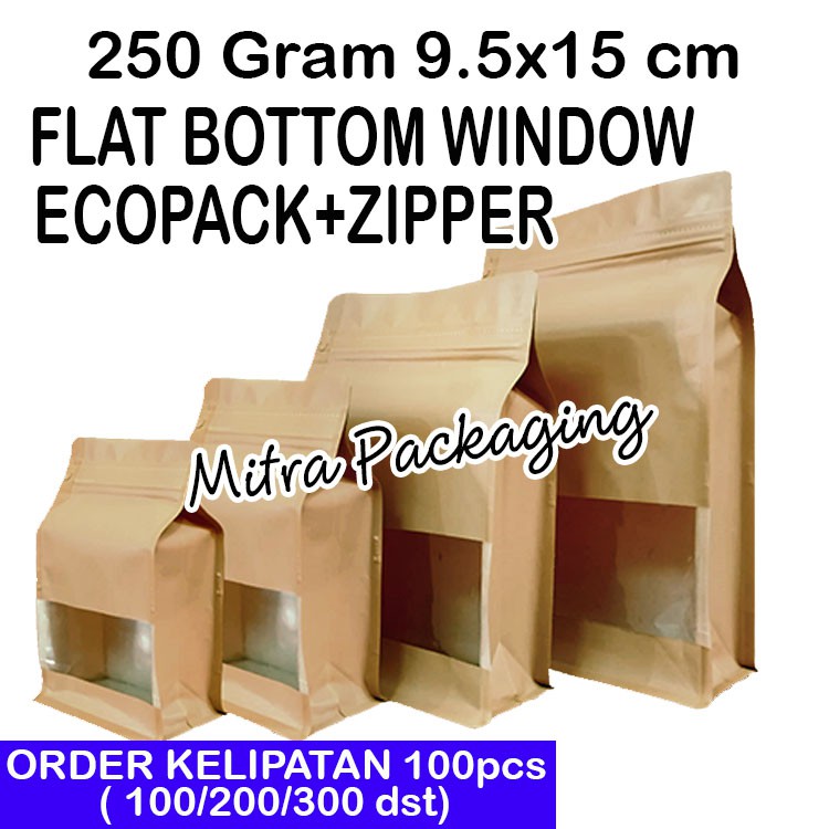 

KPACK Kemasan Kopi 100 Flat Bottom Ecopack Window 250+Ziplock/Camilan/Kacang Tanah/Keripik Nangka