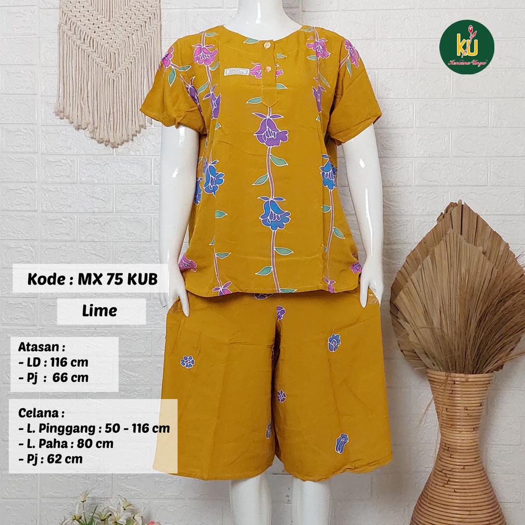 Bisa COD MX75 KUB | Setelan Kulot Celana Pendek Batik Kencana Ungu Asli Label Biru | Baju Santai Piyama Tidur Wanita Kancing Depan Busui Friendly Motif Terbaru-Lime E