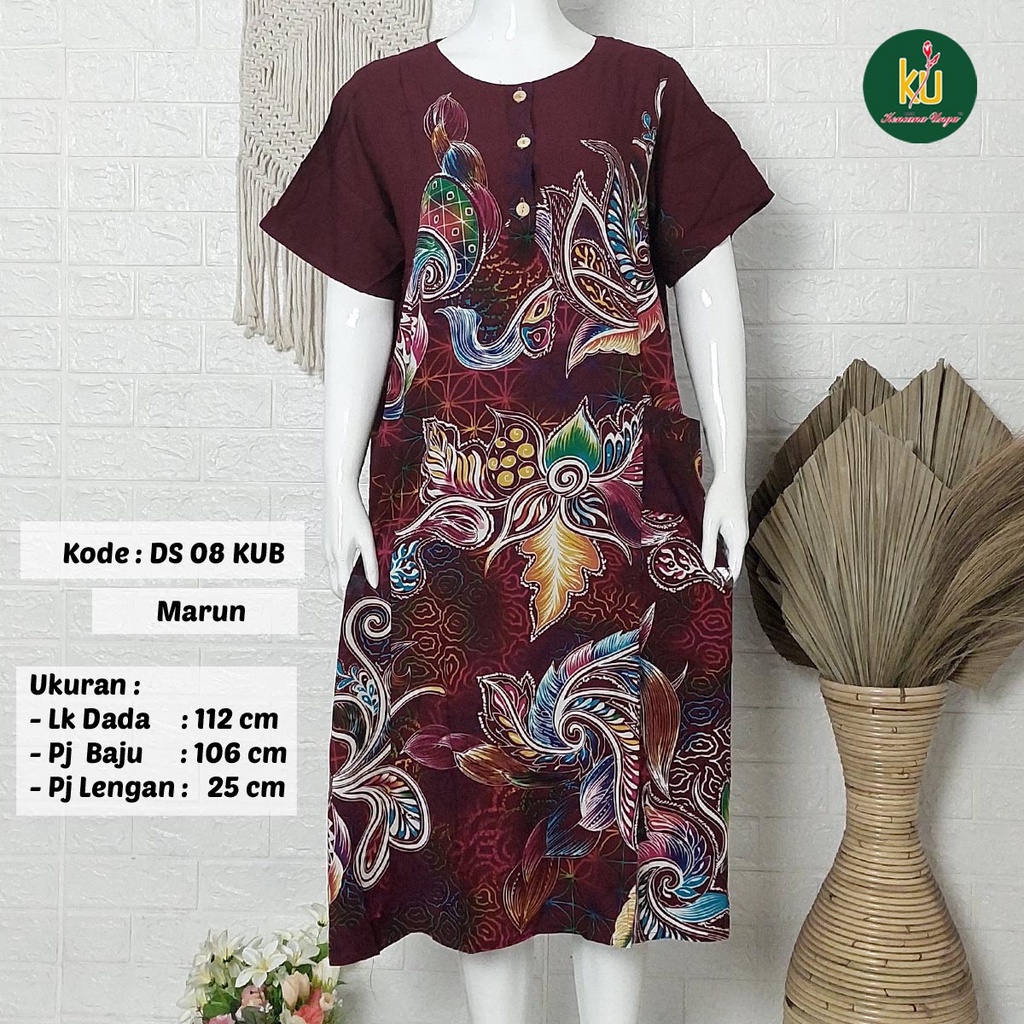 Bisa COD DS08 KUB | Daster Batik Kencana Ungu Asli Label Biru | Baju Santai Tidur Wanita Dewasa Kancing Depan Busui Friendly Motif Terbaru-Marun B
