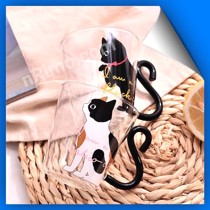 Gelas Cangkir Kucing Lucu Mug Unik dan Lucu Kucing Kopi Teh Susu Cafe Tahan Panas 250 ml Kaca Borosi