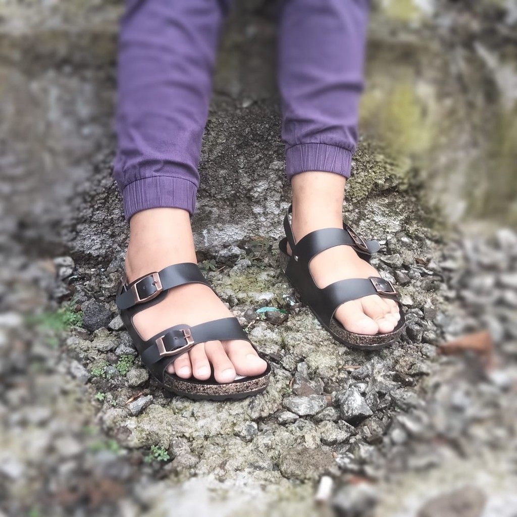 Sandal Flat Wanita Birken Model Tali Slingback On Black ( Alesa - Series )