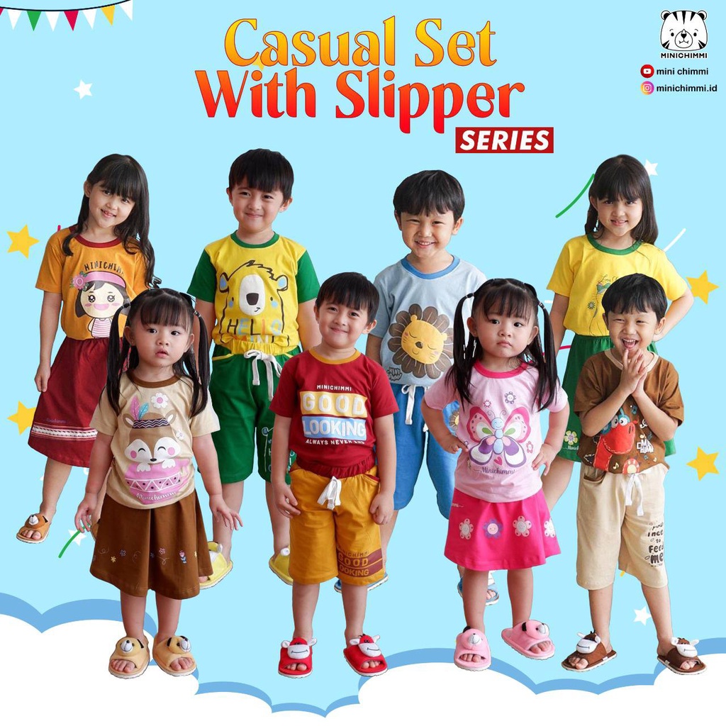 Minichimmi Set Slipper, Casual Set With Slipper, Setelan Anak Laki Laki Dan Perempuan