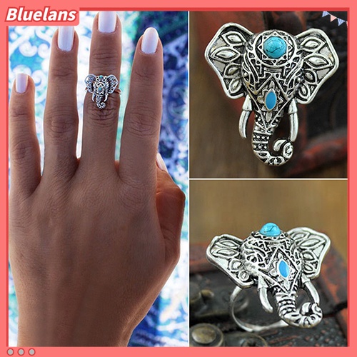 Cincin Jari Tengah Desain Gajah Turquoise Gaya Vintage Bohemia Untuk Perhiasan