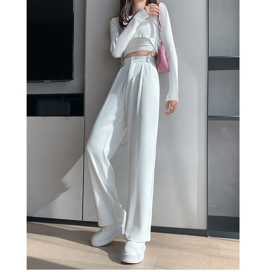 Celana lurus berpinggang tinggi wanita Korea baru, celana kasual kasual murni/celana kulot wanita korean style loose highwait/celana wanita terbaru/straight pants/celana panjang wanita celana bahan