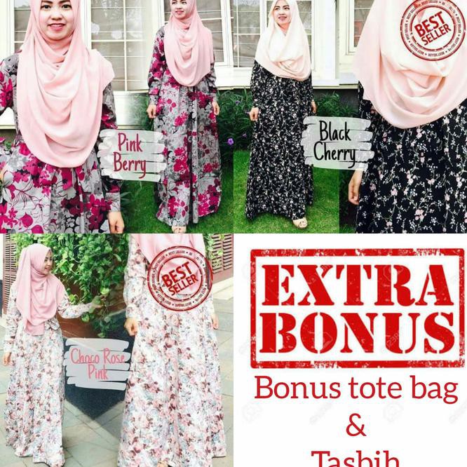 Gamis Katun Jepang Cantik Choco Rose Pink Warna dasar Putih Fashiion muslim/Dress Muslim