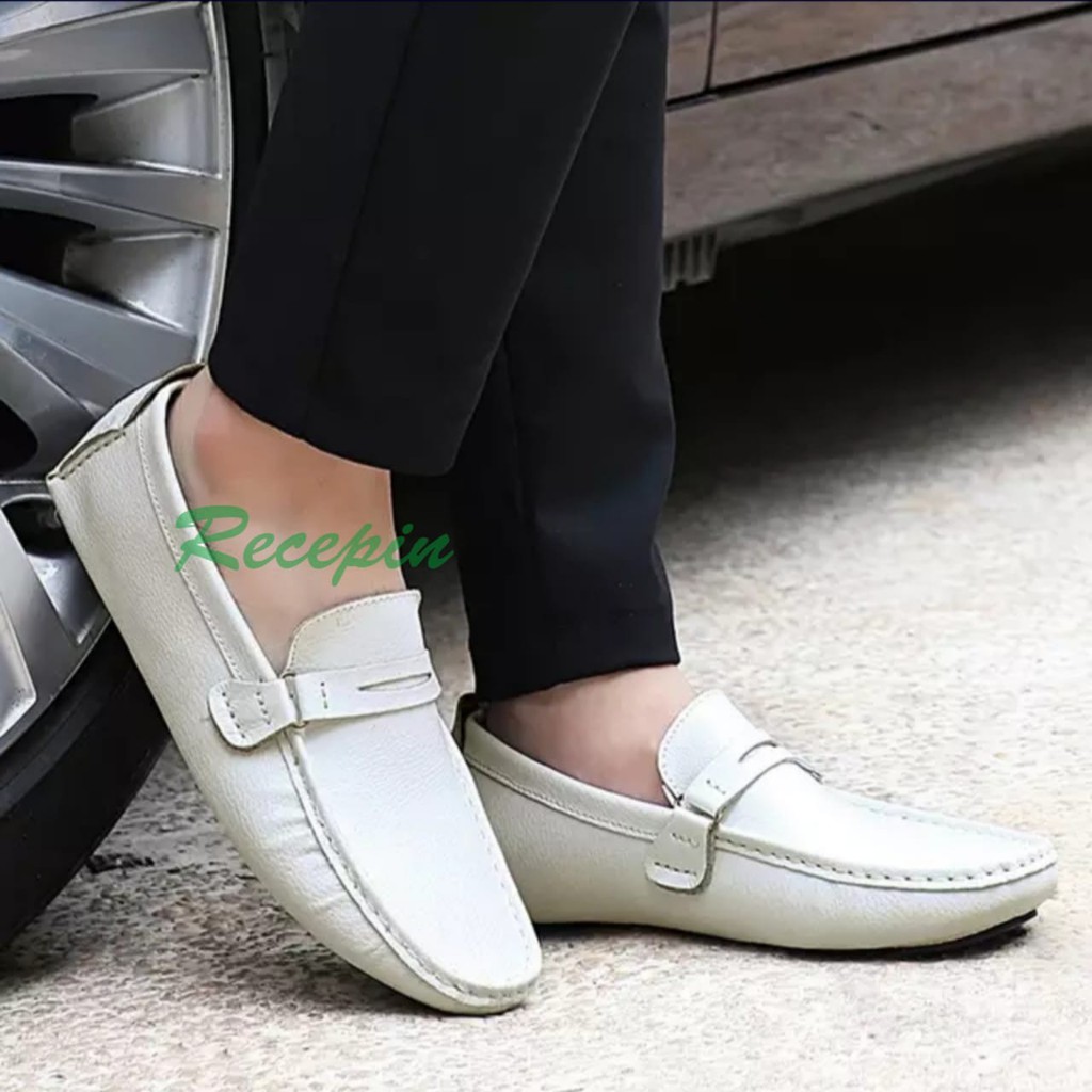 Sepatu Slop Distro Pria Murah Keren Slip on Kasual Formal Kerja RCP721 Selop Putih Cowo Kulit Asli