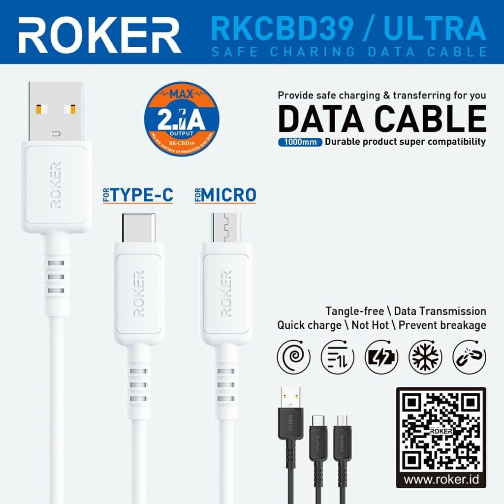 RK-CBD39 Kabel Casan Roker Ultra Type-C 2.1A 100cm Data Transmission Quick Charge