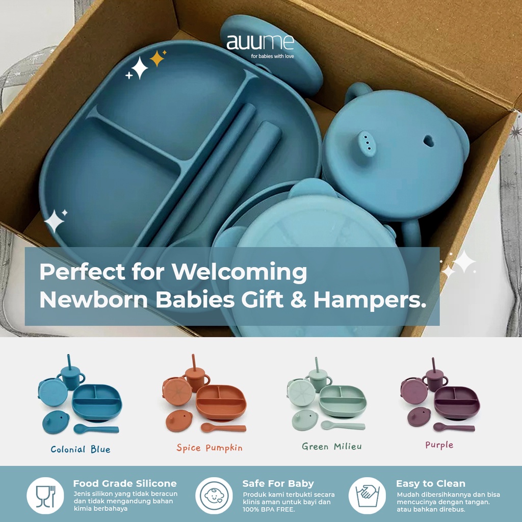 Auume | Peralatan Makan Bayi Silikon MPASI | Baby Feeding Set | Baby Gift Set Piring Sendok Gelas Ba