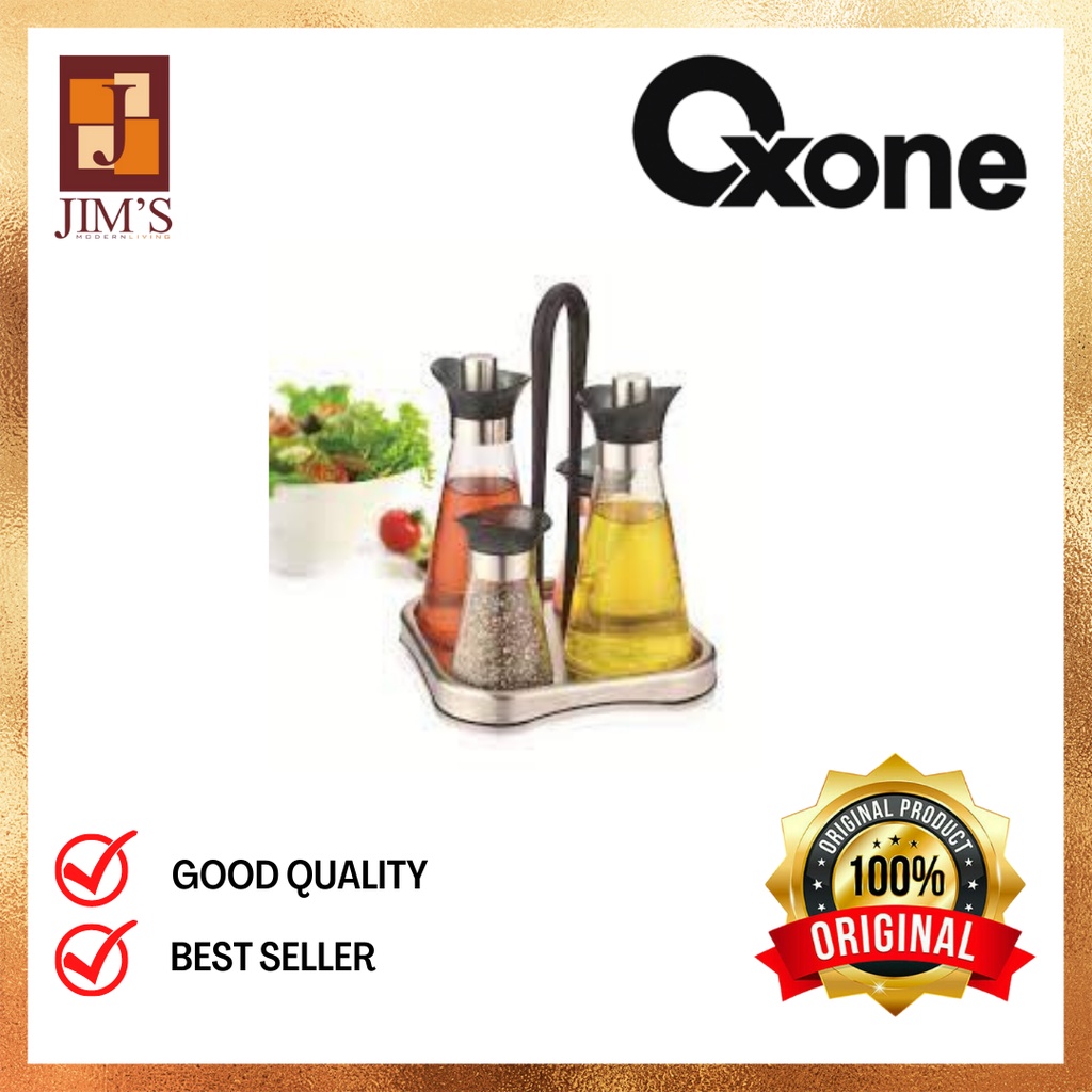 OXONE OX323 TEMPAT MINYAK/TEMPAT BUMBU KACA 4PCS WITH STAINLESS STEEL TRAY
