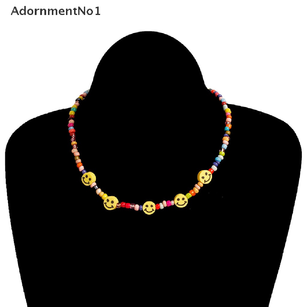 (AdornmentNo1) Kalung Choker Rantai Manik Pendan Smiley Face Warna Warni Gaya Boho