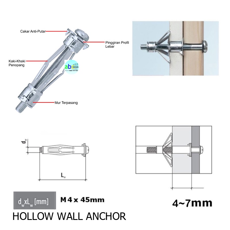 10SET BAUT TANAM GYPSUM BESI 4X45 HOLLOW WALL ANCHOR M4X45 BAUT MUR TANAM