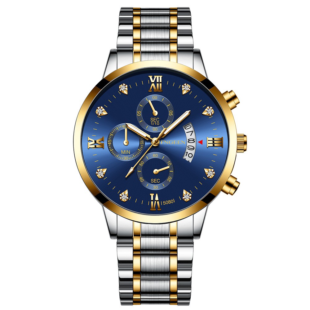 【Dijamin 100% Original】Jam Tangan Pria FNGEEN 5080 Kemewahan Stainless Steel Original Tahan Air Watch + Kotak Gratis-Silver GoldBlue-A4