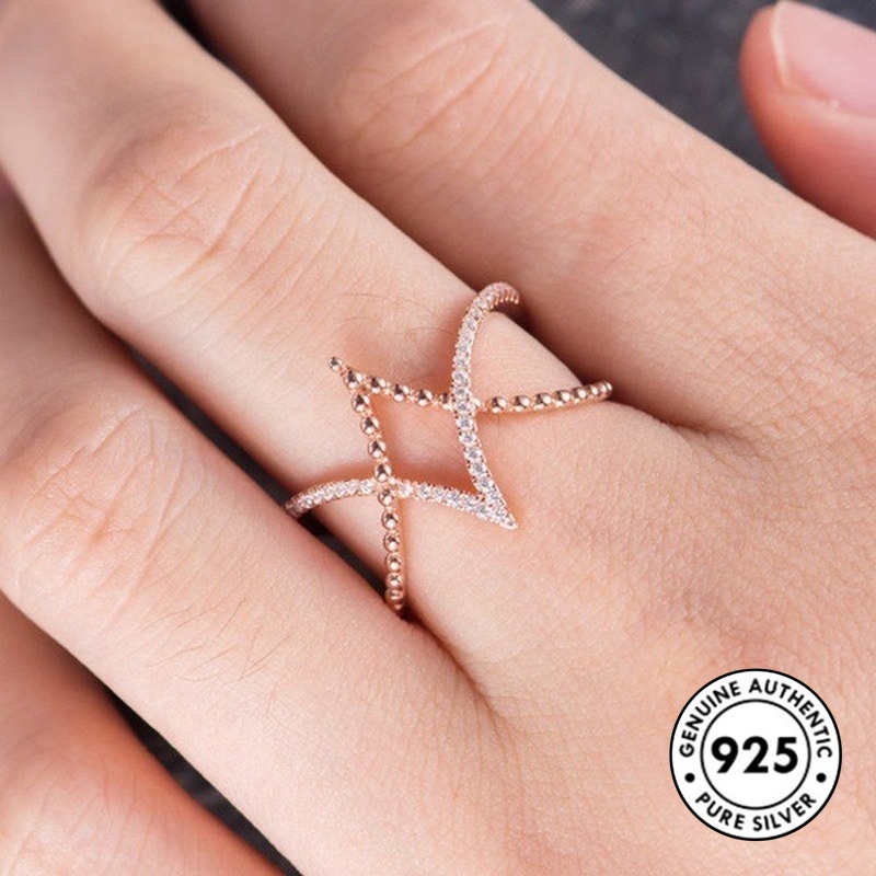 Cincin Berlian Bentuk V Bahan S925 Silver Warna Rose Gold