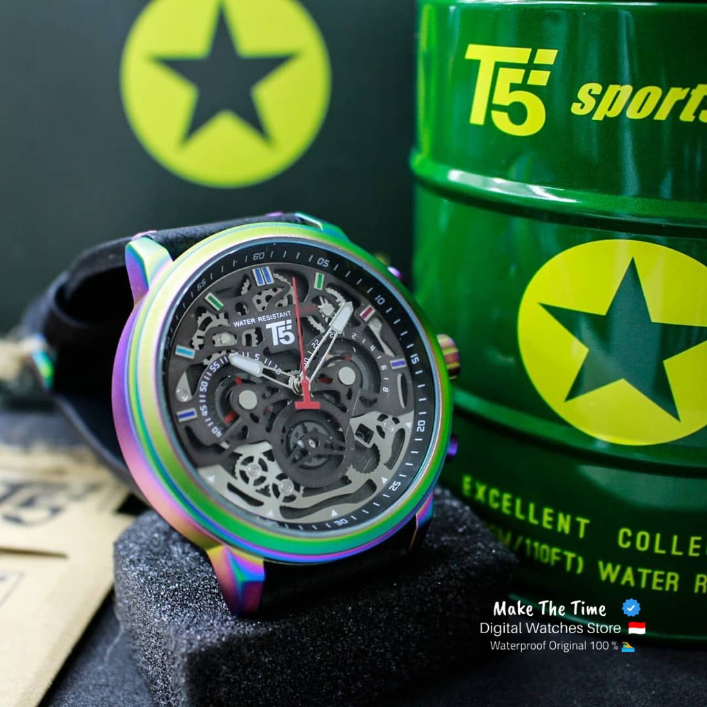 Jam Tangan Pria T5 3624 Chronograph dan Tanggal Aktif Strap Kulit Original Waterproof