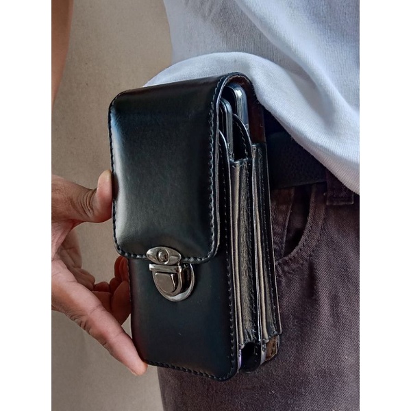 Dompet hp Pinggang Dobel Slot Kulit Sapi Asli