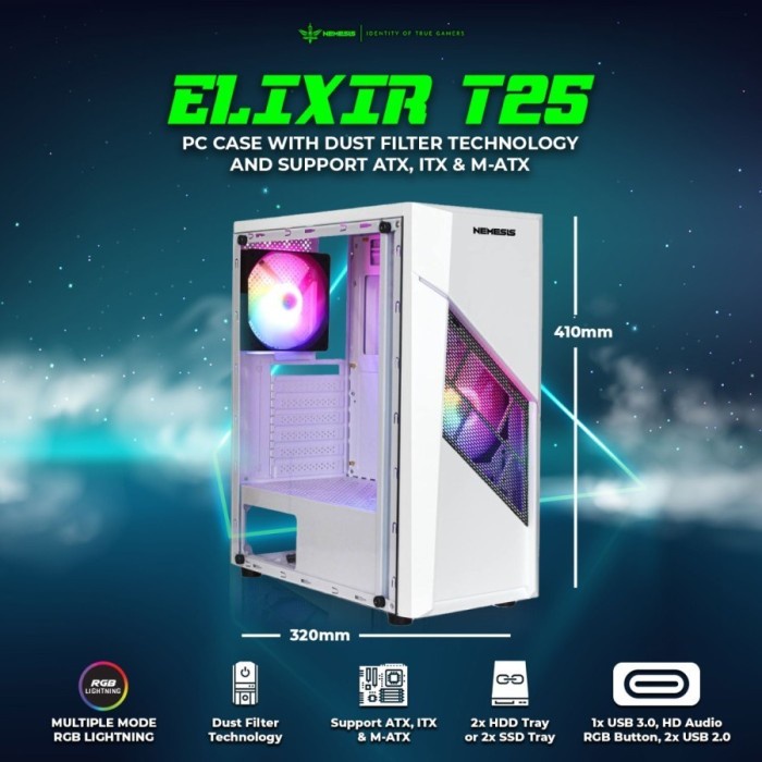 PC Case NYK T25 Elixir Gaming White Free 1Fan RGB