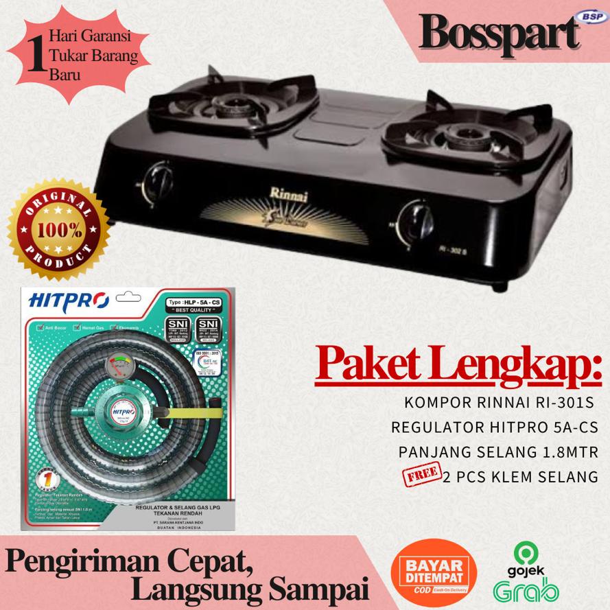 Paket Kompor Gas Rinnai 2 Tungku RI-302s bonus selang regulator Hitpro