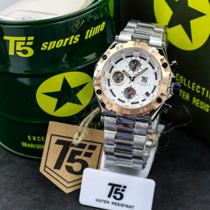 JAM TANGAN WANITA PRIA T5 H 3847 ORIGINAL CHRONOGRAPH AKTIF STRAP RANTAI SPORTY