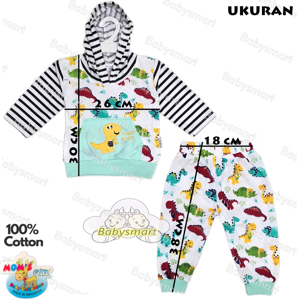 Babysmart - Setelan Kaos Oblong Bayi / Anak Lengan PANJANG+Hoodie Motif SALUR DINO SPT 1067 MOM'S GIFT umur 0 - 12 bulan