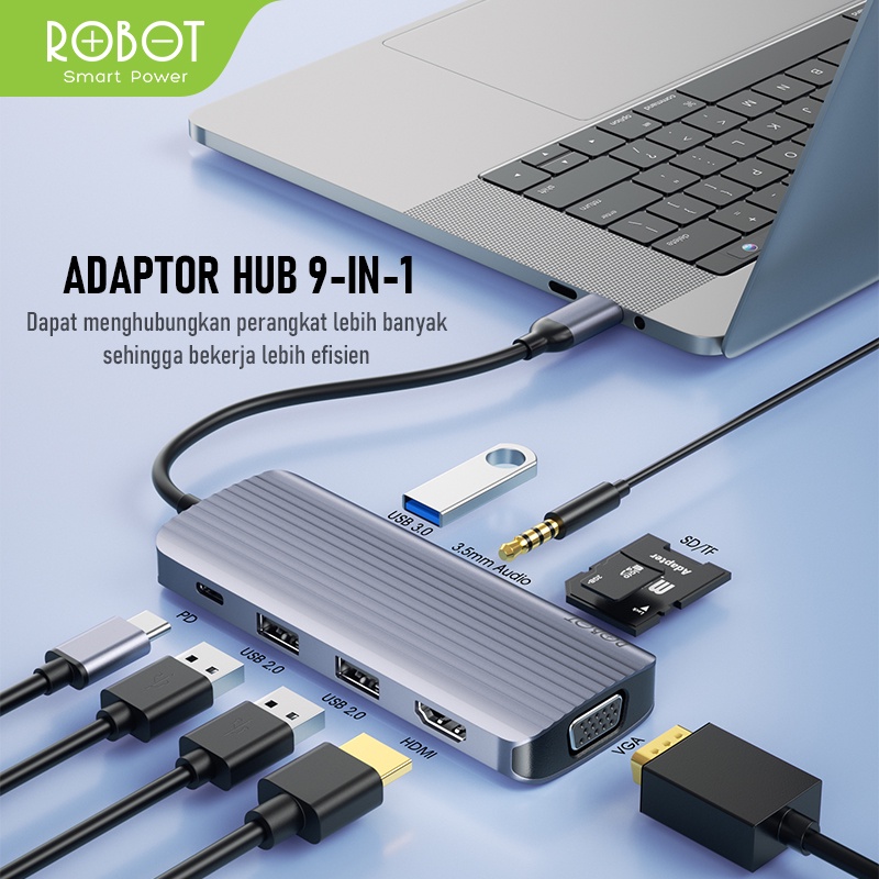 ROBOT HT590 Multiport 9in1 USB Type C HUB Adapter Lightweight &amp; Portable Space Grey Aluminium Alloy PORT USB 2.0 USB 2.0 3.5 mm Audio SD/TF PD HDMI VGA Transmisi Ganda Original - Garansi