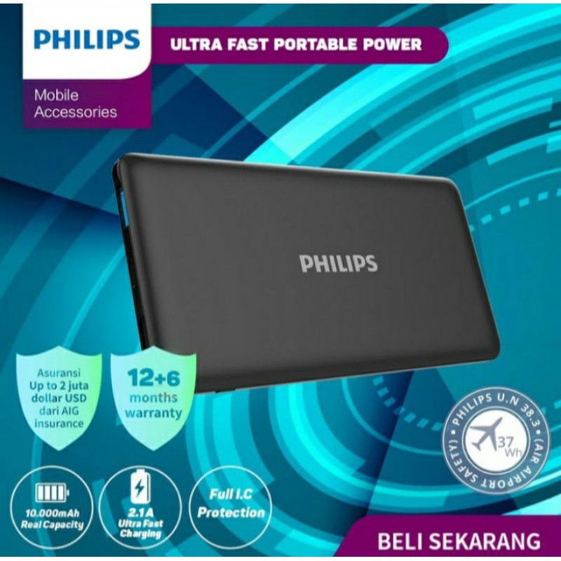 Powerbank PHILIPS DLP 6812N PowerBank 10,000mAh Li-Polymer 2.1A, Type C - Black