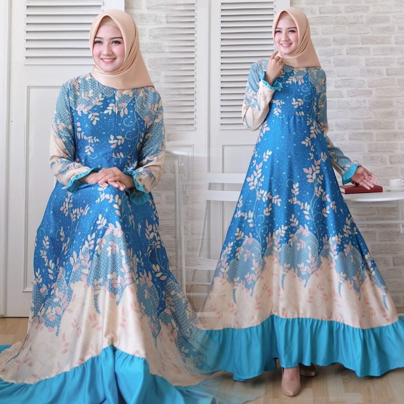 GAMIS PESTA WANITA SYAR'I MUSLIMAH BUSUI DRES MOTIF BUNGA TERBARU