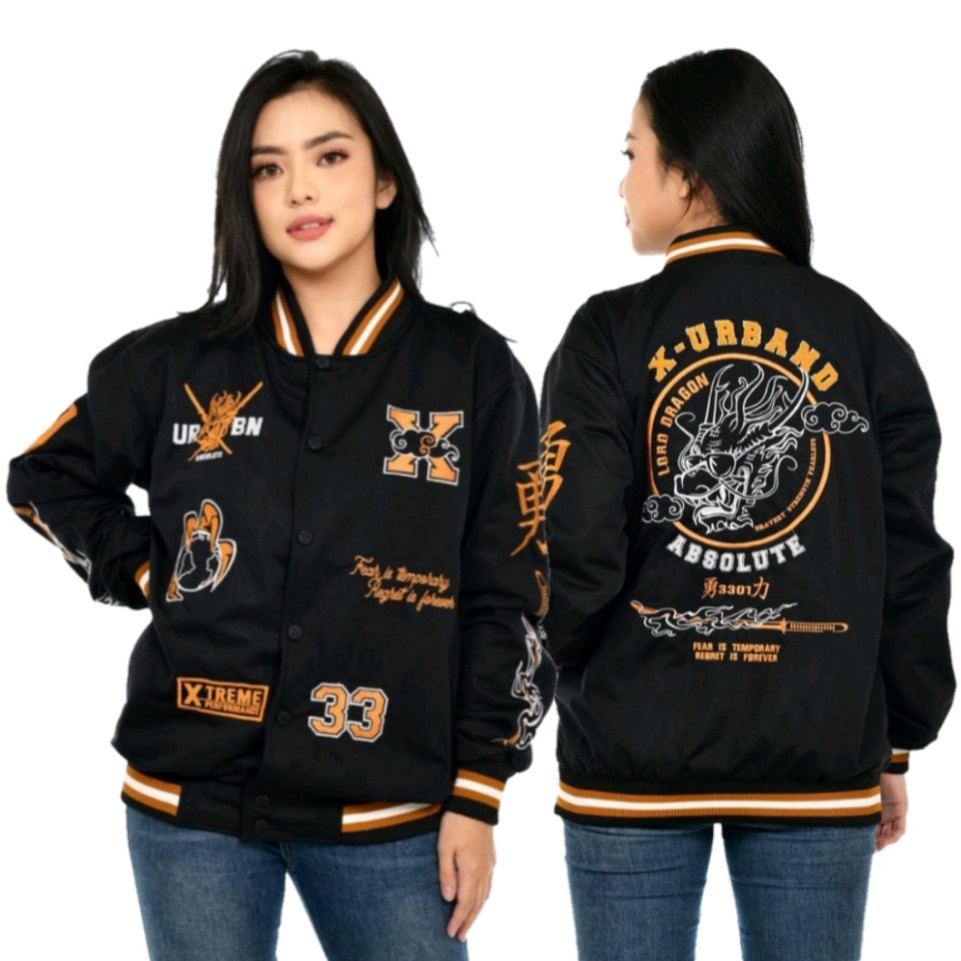 Jaket Varsity Baseball Black X Urband Pria Wanita - Varsity Jacket Vintage Baseball Oversize Jumbo Original