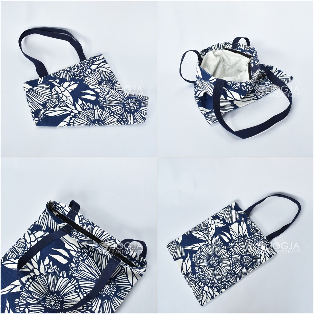 TOTE BAG CANVAS FLOWER NAVY GOOD QUALITY WITH RESLETING