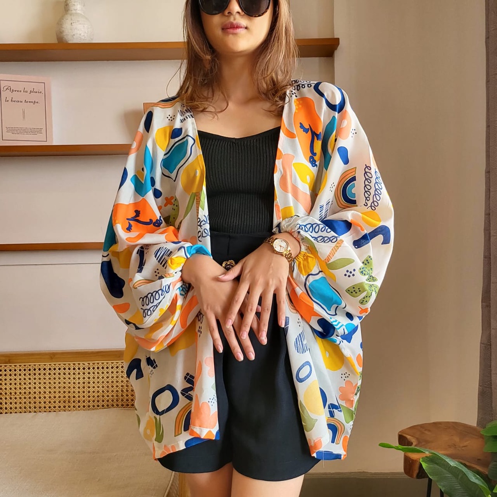 KIYOWO OUTER LENGAN BALON / Outer Oversized Motif print tangan balon Katun rayon premium