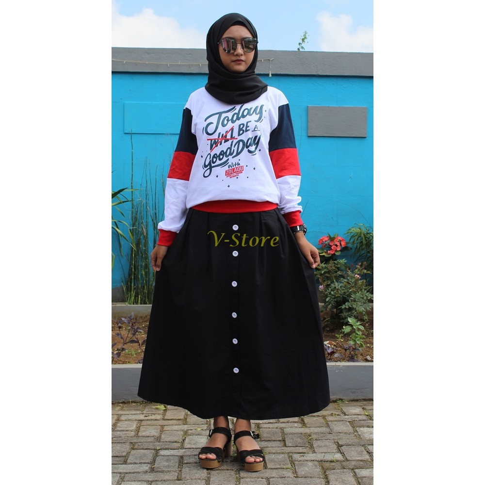 Rok Rempel Depan Rok Panjang Wanita Rok Katun / Rok Panjang Kancing Rok Modis Warna Hitam