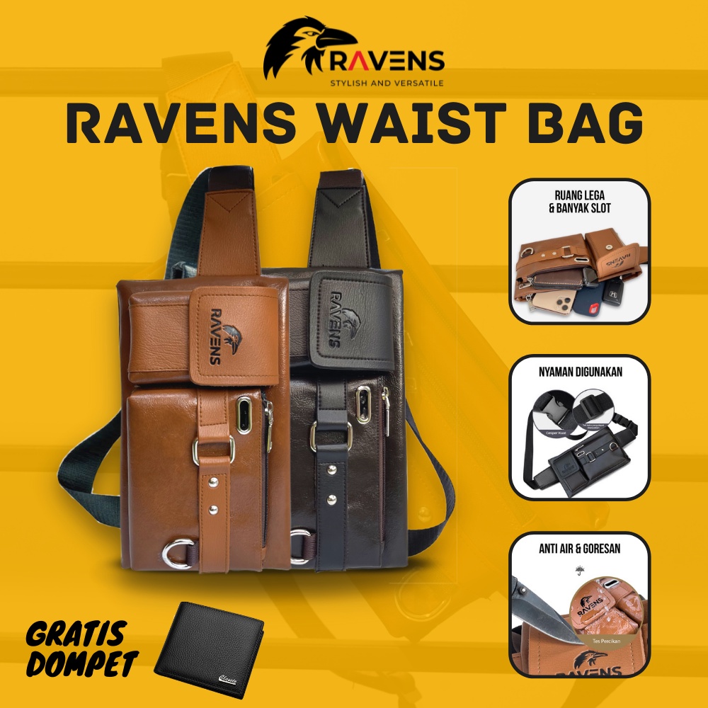 (ORIGINAL) Ravens Waist Bag - Tas Selempang Ravens PU Leather - TAS Ravens