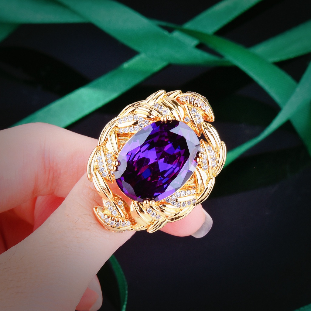 Goldkingdom Perhiasan Fashion 24K Bangkok Aksesoris Ready Stock Mitologi Yunani Cabang Zaitun Amethyst Set Berlian Ungu Kalung Anting Cincin