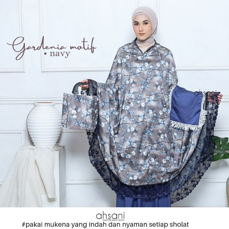 Mukena 2in1 Gardenia Motif Premium Armani Silk Tile Ahsani Mukena Traveling Telekung Cantik