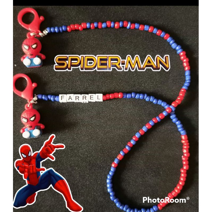 Kalung masker anak tema Spiderman (ada bandulnya/boneka)/ Strap masker anak bisa request nama/warna/motif